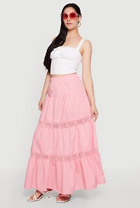 Poplin Lace Insert Tiered Maxi Skirt
