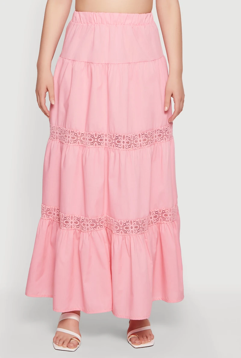 Poplin Lace Insert Tiered Maxi Skirt