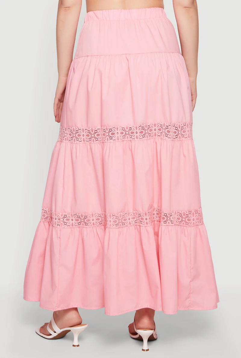 Poplin Lace Insert Tiered Maxi Skirt