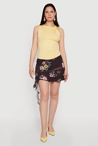 Floral Mesh Asymmetrical Ruffle Trim Skirt with Shorts Lining