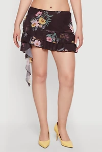 Floral Mesh Asymmetrical Ruffle Trim Skirt with Shorts Lining