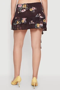 Floral Mesh Asymmetrical Ruffle Trim Skirt with Shorts Lining