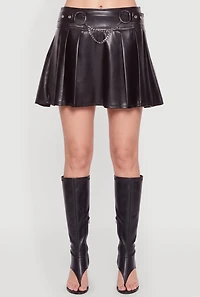 Faux Leather Chain Detail Pleated Mini Skirt