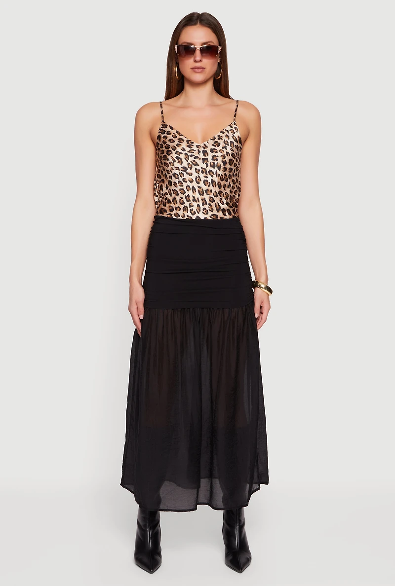 Side Ruched Drop Waist Pleated Chiffon Midi Skirt