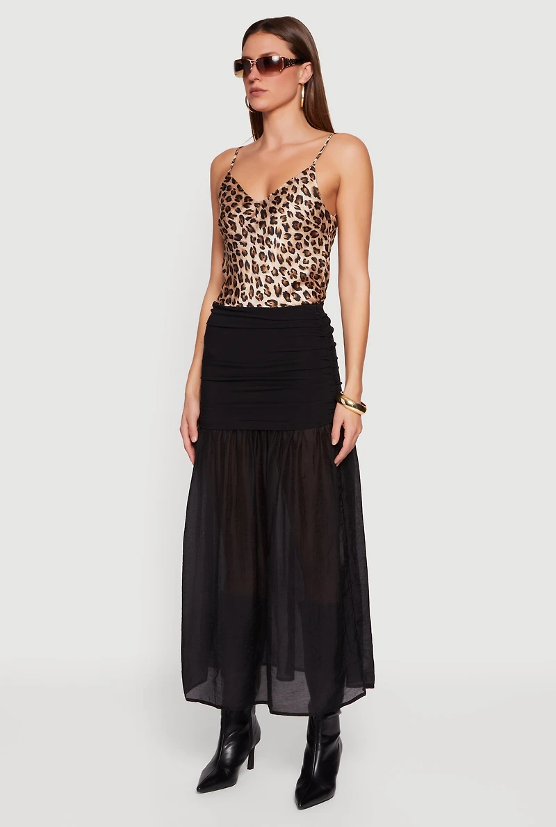 Side Ruched Drop Waist Pleated Chiffon Midi Skirt