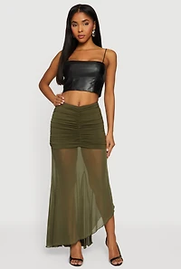 Womens Asymmetrical Ruffle Trim Ruched Maxi Skirt, Green,