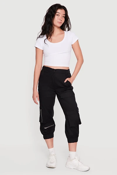 Poplin Zipper Detail High Waisted Cargo Capris Pants