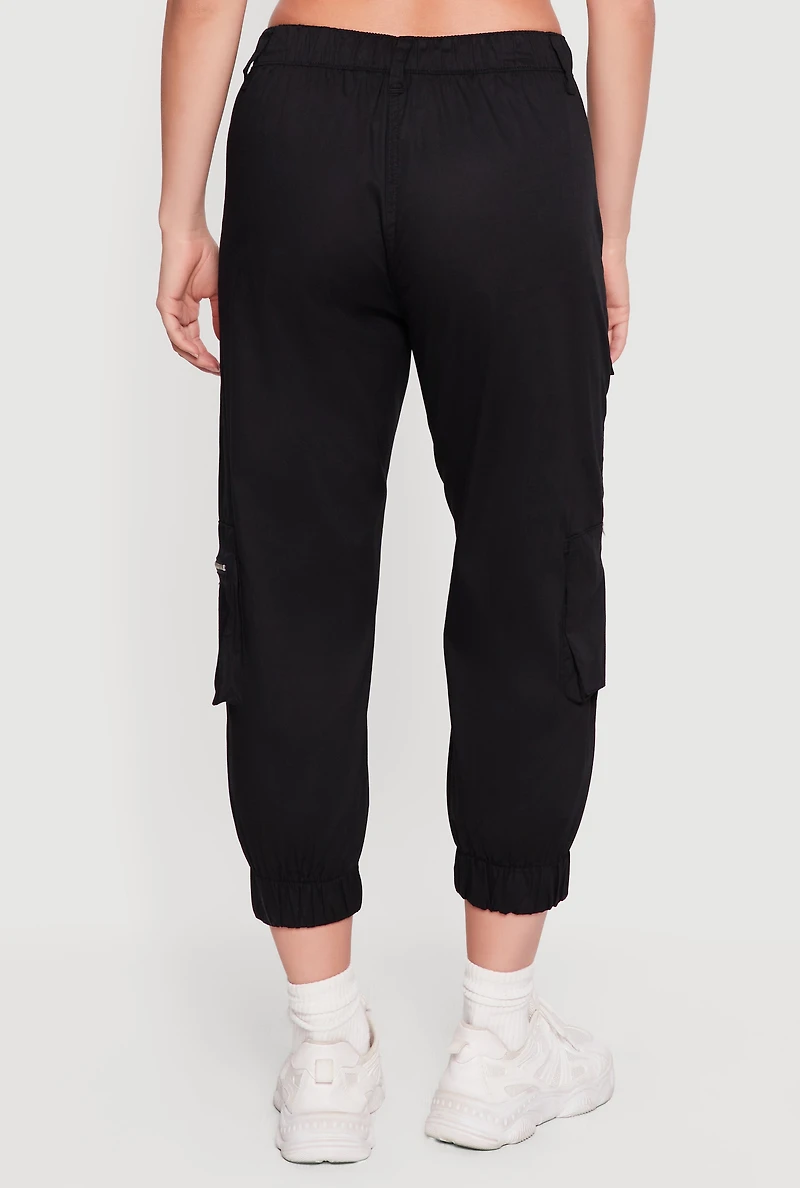 Poplin Zipper Detail High Waisted Cargo Capris Pants