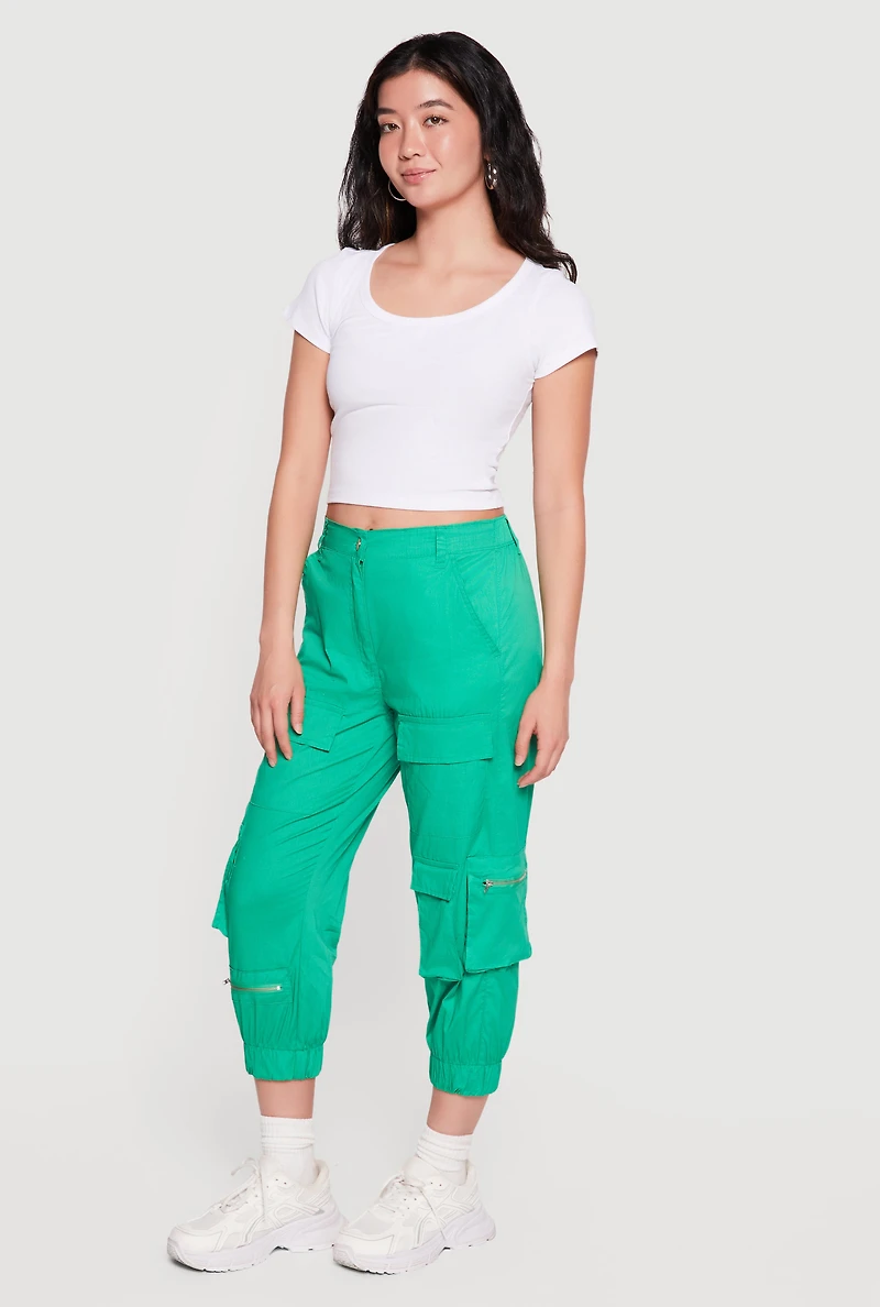 Poplin Zipper Detail High Waisted Cargo Capris Pants