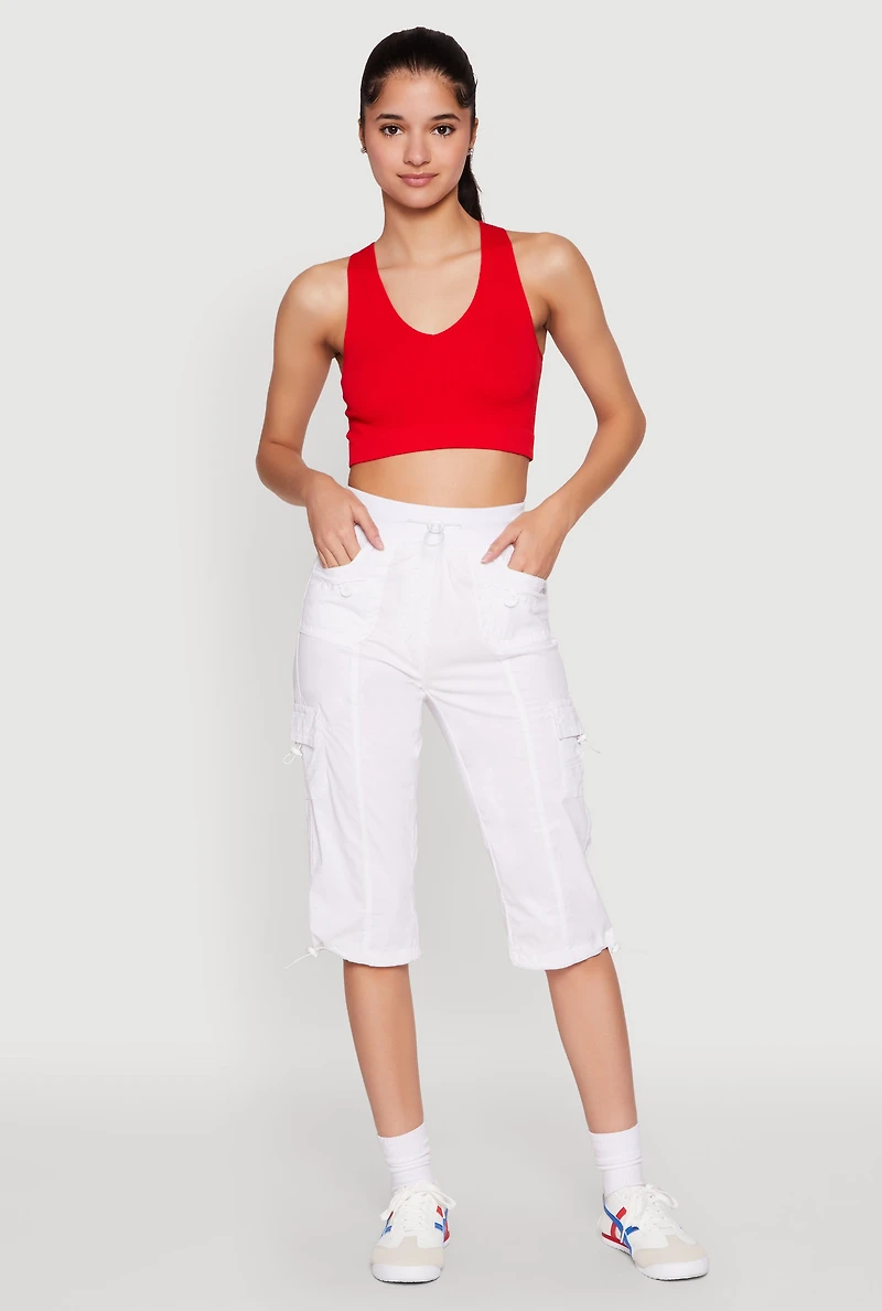 Womens Toggle Drawstring Cargo Capris, White, Size M