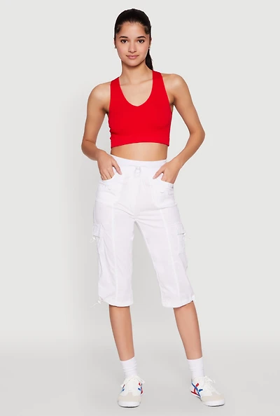 Womens Toggle Drawstring Cargo Capris, White, Size M