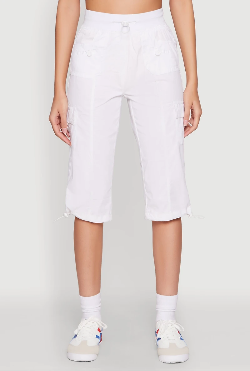 Womens Toggle Drawstring Cargo Capris, White,