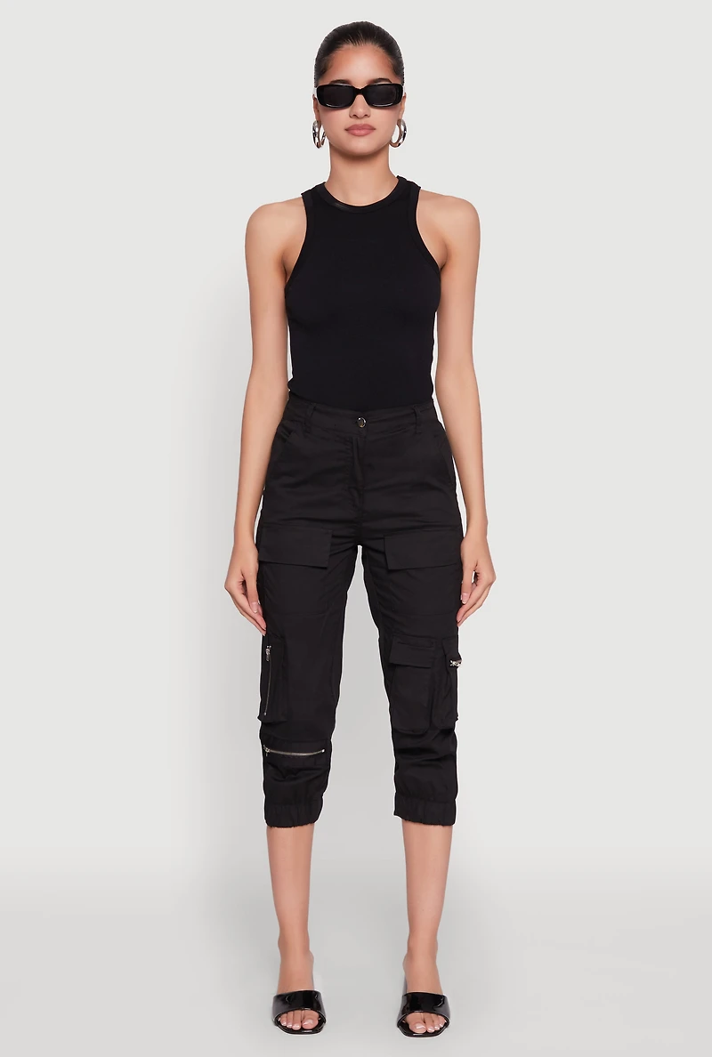 Womens Zip Detail Capri Cargo Pants, Black,