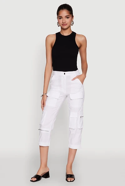 Womens Zip Detail Capri Cargo Pants, White, Size S