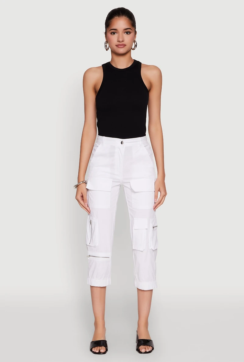 Womens Zip Detail Capri Cargo Pants, White, Size S