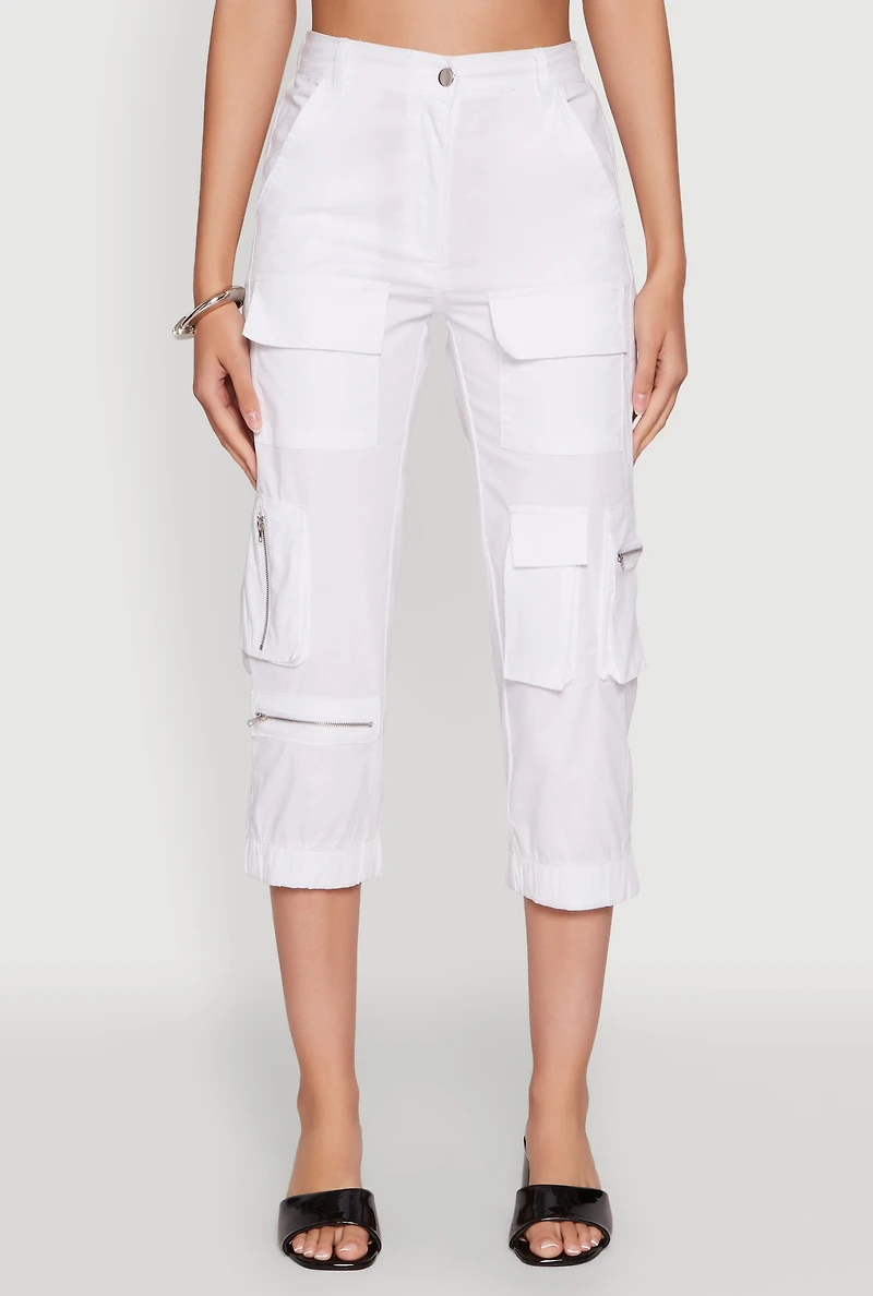 Womens Zip Detail Capri Cargo Pants, White, Size S