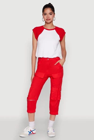 Womens Zip Detail Capri Cargo Pants, Red, Size XL