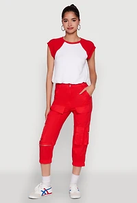 Womens Zip Detail Capri Cargo Pants, Red, Size S