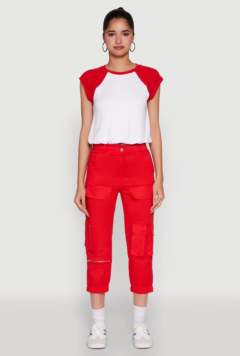 Womens Zip Detail Capri Cargo Pants, Red, Size S