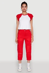 Womens Zip Detail Capri Cargo Pants, Red, Size S