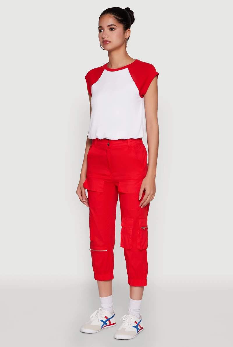Womens Zip Detail Capri Cargo Pants, Red, Size S