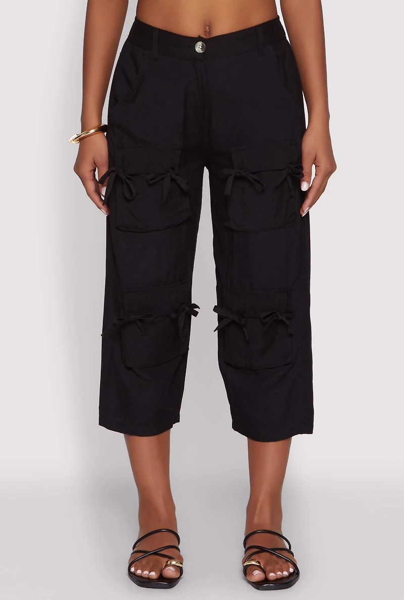 Womens Bow Cargo Pocket Capri Pants, Black, Size S