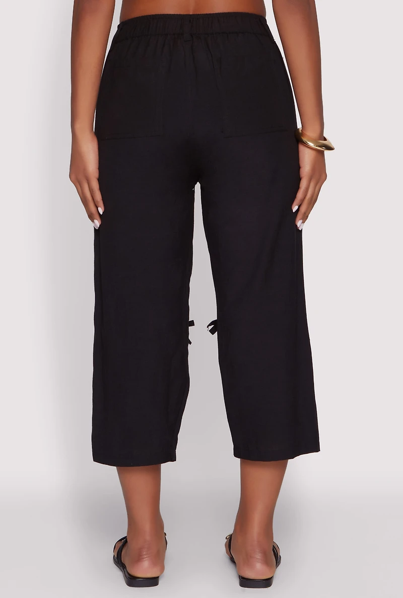 Womens Bow Cargo Pocket Capri Pants, Black, Size S