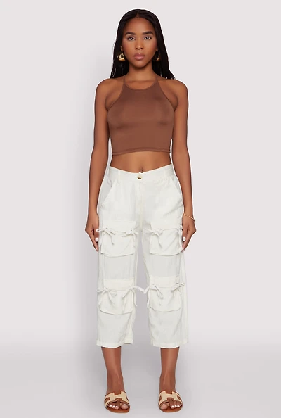 Womens Bow Cargo Pocket Capri Pants, White, Size L