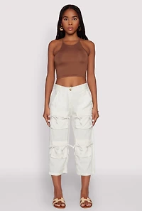 Womens Bow Cargo Pocket Capri Pants, White, Size L