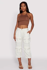 Womens Bow Cargo Pocket Capri Pants, White, Size L