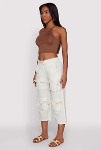 Womens Bow Cargo Pocket Capri Pants, White, Size L