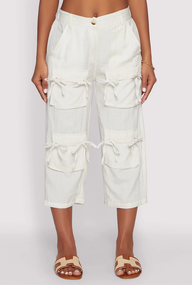 Womens Bow Cargo Pocket Capri Pants, White, Size M