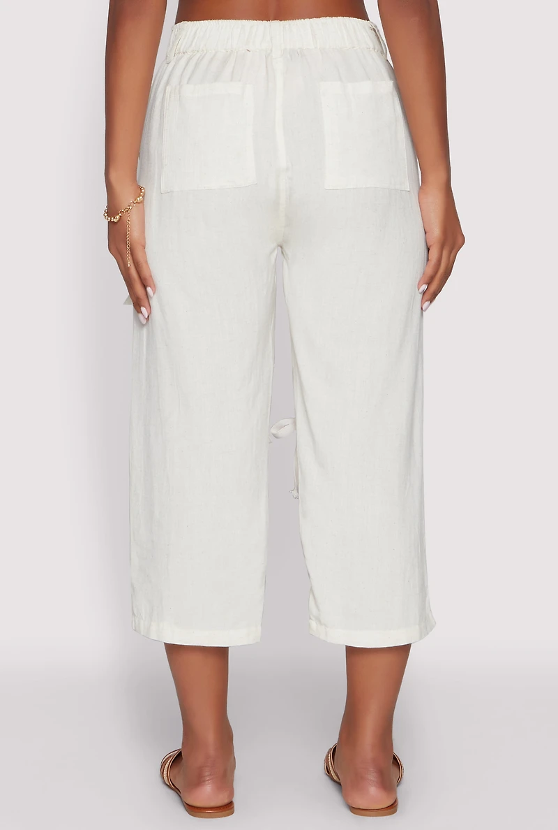 Womens Bow Cargo Pocket Capri Pants, White, Size M