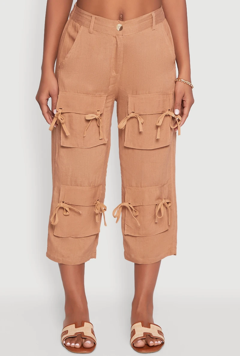 Womens Bow Cargo Pocket Capri Pants,