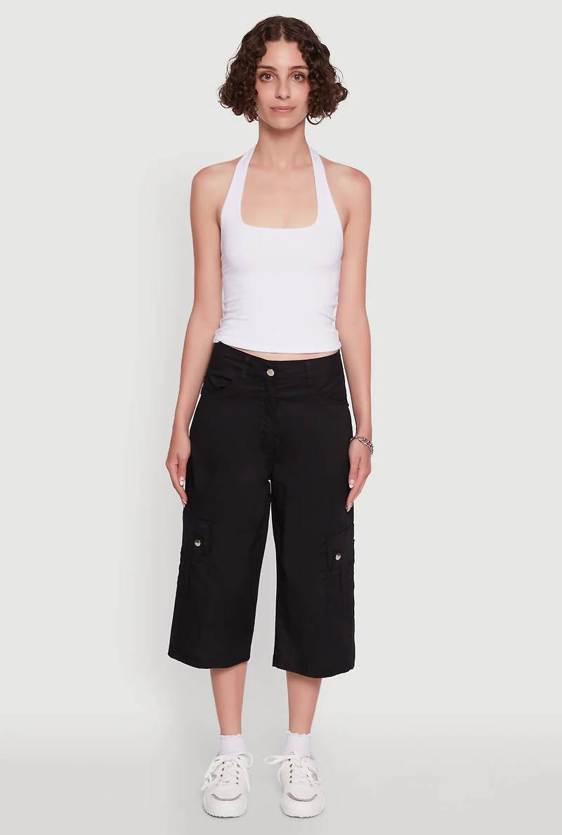 Womens Wide Leg Cargo Pocket Capris Pants, Black, Size M
