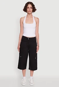 Womens Wide Leg Cargo Pocket Capris Pants, Black, Size M