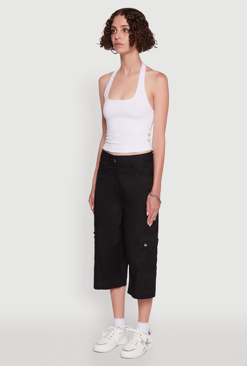 Womens Wide Leg Cargo Pocket Capris Pants, S