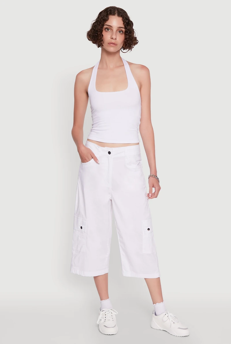 Womens Wide Leg Cargo Pocket Capris Pants, White,