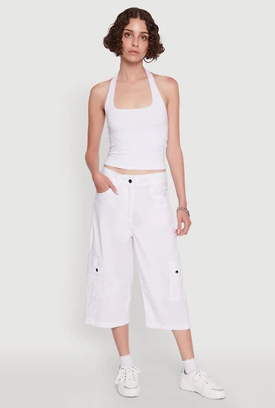 Womens Wide Leg Cargo Pocket Capris Pants, White,