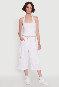 Womens Wide Leg Cargo Pocket Capris Pants, White,