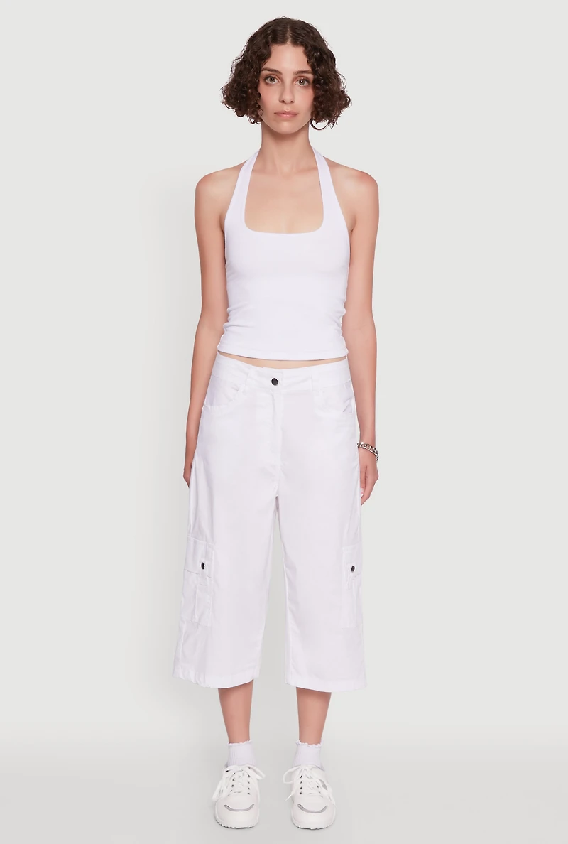 Womens Wide Leg Cargo Pocket Capris Pants, White,