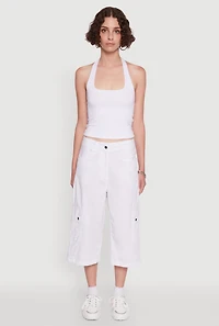 Womens Wide Leg Cargo Pocket Capris Pants, White,
