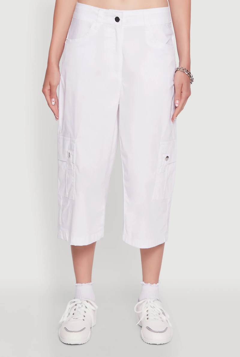 Womens Wide Leg Cargo Pocket Capris Pants, White,
