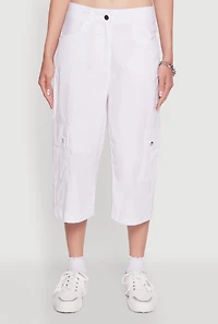 Womens Wide Leg Cargo Pocket Capris Pants, White,