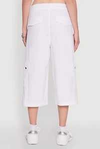 Womens Wide Leg Cargo Pocket Capris Pants, White,