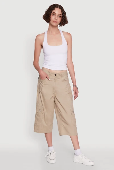 Womens Wide Leg Cargo Pocket Capris Pants, Khaki, Size S