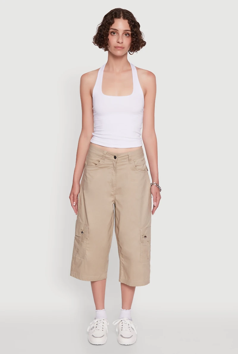 Womens Wide Leg Cargo Pocket Capris Pants, Khaki, Size S