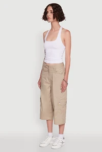 Womens Wide Leg Cargo Pocket Capris Pants, Khaki, Size S