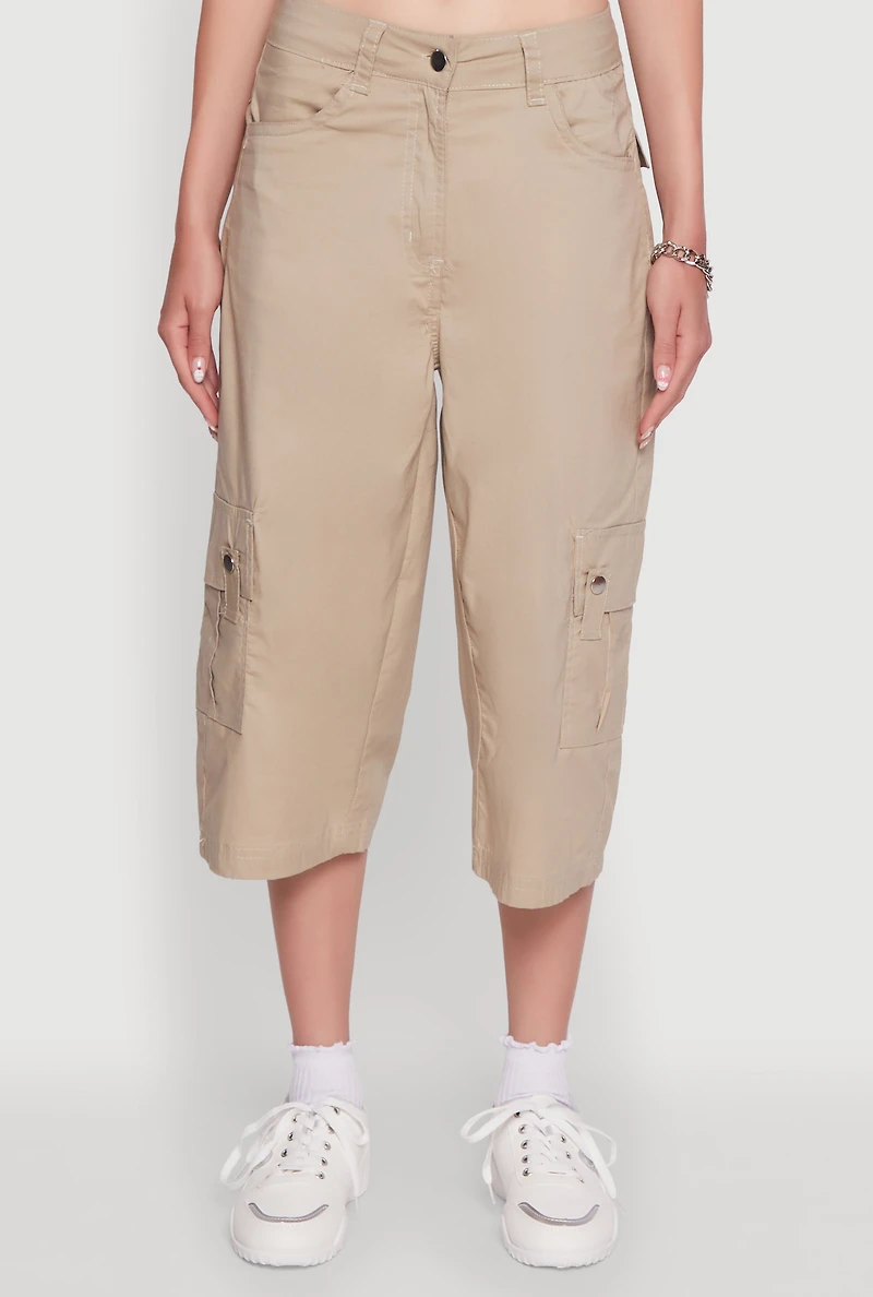 Womens Wide Leg Cargo Pocket Capris Pants, Khaki, Size S
