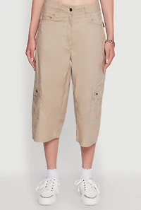 Womens Wide Leg Cargo Pocket Capris Pants, Khaki, Size S
